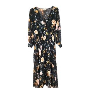 Chiffon Floral Print Black Maxi Dress Pleated Bottom Indigo Rose Size Medium